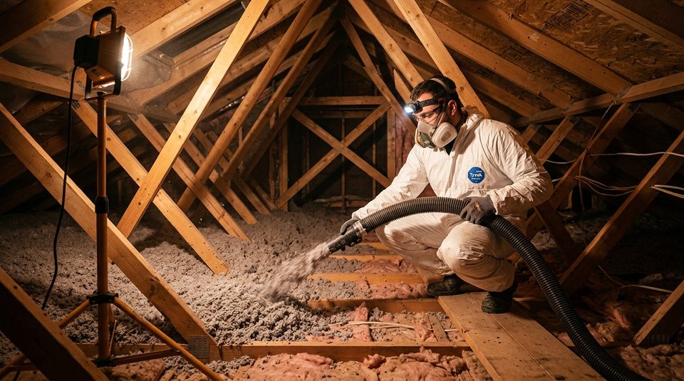 Insulation contractor blowing cellulose insulation in a residential attic in Renfrew County, Ontario
